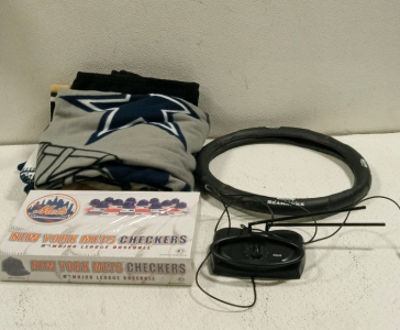 (1) Seattle Seahawks Blanket, (1) Seahawks Steering Wheel Cover, (1) New York Mets Checkers Set, (1) RCA Antenna