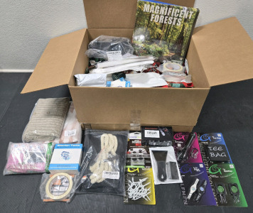 Assorted Amazon Box of Items Including: Golf Items, Mini Fish Tank Heater, Braided Fish Tackle Line, Clothing, Calendars, & More!