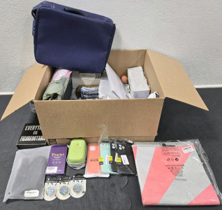 Assorted Item Amazon Box Including: iPhone Cases, Adjustable Dog Knee Brace, Mobile Phone Stands, Washable Rainbow Rug, Fireproof/Waterproof Document Organizer, & More!