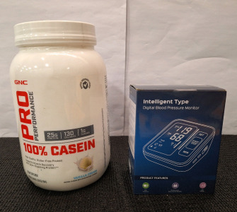 (1) 2.19-LB GNC Pro Performance Supplement, 100% Casein - Vanilla Cream (28 Servings), Exp 04/05/2026, (1) Intelligent Type Digital Blood Pressure Monitor & (1) Box Of Assorted Amazon Overstock
