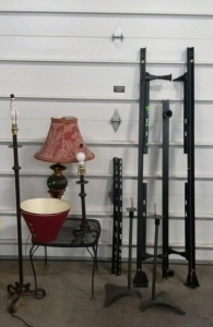 (1) Queen size Bed Frame, (2) Outdoor Speaker Stands, (3) Lamps, (1) Patio Table