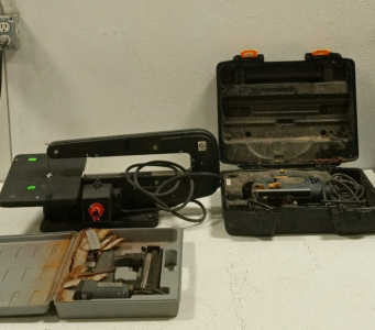 (1) Dremel Moto Shop, (1) Devilbiss Air Stapler, (1) Global Machinery Company Jigsaw