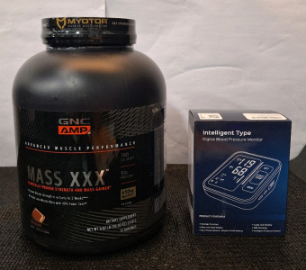 (1) 6.02-LB GNC AMP Mass XXX Performance Supplement - Chocolate, (13 Servings), Exp 07/30/2026, (1) Intelligent Type Digital Blood Pressure Monitor & (1) Box Of Assorted Amazon Overstock