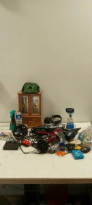 (1) Lot of Hair Curling Irons and Dryers, Pokemon Cards, small Wooden Storage Container, and Much More