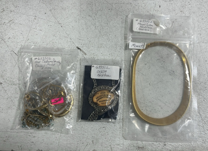 (1) Gold Necklace (1) Ouija Board Necklace (1) Bag of Costume Jewlery