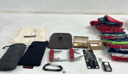(3) Pocket Knives (14) Bandanas (3) Sunglasses Bags (1) Pair of Sunglasses