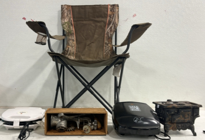 (1) Camo Camping Chair (1) Miniature Wood Stove (1) George Foreman Panini Maker (1) Salton Waffle Maker (1) Meat Grinder