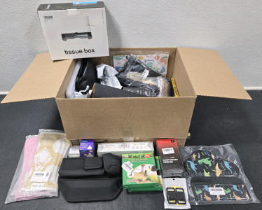 Assorted Item Amazon Box Including: Tattoo Cartridge Needles, Tattoo Aftercare Bandage, Pet Airtags, Weed Removers, Car Seat Space Organizer, & More!