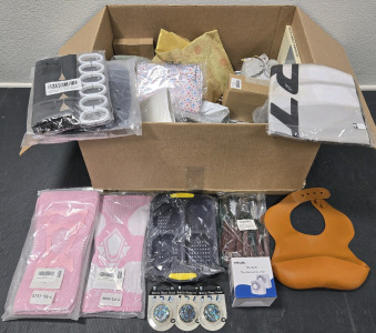Assorted Item Amazon Box Including: Pink Knee Braces, Mobile Phone Stands, Craft Tray, Stainless Steel Spatula Set, Daily Mechanical Timer, Baby Bib, Shower Curtains, & More!