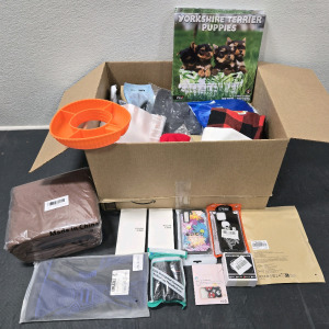 Assorted Item Amazon Box Including: iPhone Cases, Samsung Cases, USB C to HDMI 2.1 Cables, Vinyl Record Stabilizer, Hot Tub Cover, Blue Knee Brace, & More!
