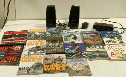 (2) Sony Speakers, (1) Alarm Clock, (1) DVD, (14) Kid's Books