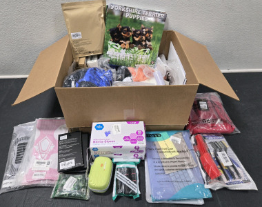 Assorted Item Amazon Box Including: iPhone Cases, Knee Braces, Nitrile Exam Gloves - Large, MacBook Hard Shells, Sealing Washers, Carry Detail Tools, & More!