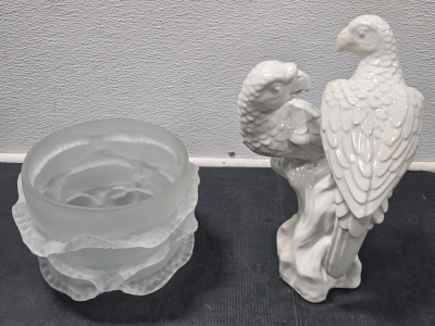 Vintage Porcelain Dual Parrots - 14" & Ei8hteen Karat Vapor Bowl 8" Frosted Glass Bowl