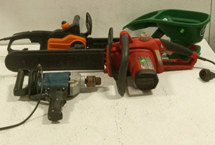 (2) Chainsaws (1) Seed Spreader (1) Drill