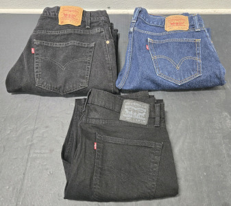 (3) Pairs of Levi Strauss Jeans - Black W36 L32, Black W38 L32, Blue W36 L32