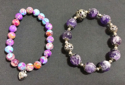 A 12mm Purple Sea Sediment Jasper Beaded Bracelet & A 12MM Stretch Bracelet for Women Handmade Beads Chain Quality Natural Stone Amethyst Purple Crystal Beaded Girls ins Style Metal Link Semi-Precious Gemstone