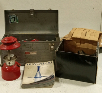 (2) Boxes of Tools, (1) Oil Lamp, (1) Dental Book