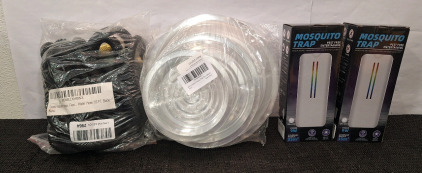 (1) 50-Foot Hose W/ Hand Sprayer, (1) 36-Piece Plant Pot Tray Set, (2) Electronic Mosquito Traps & (1) Box Of Assorted Amazon Overstock