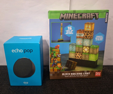 (1) Amazon Echo Pop Speaker & (1) Minecraft Block Building Light