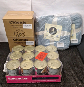 (1) Case Of (12) 13.2-Oz Cans Of Eukanuba Adult Lamb & Rice Dog Food, Exp Jan 2026 & (4) Pet Blankets