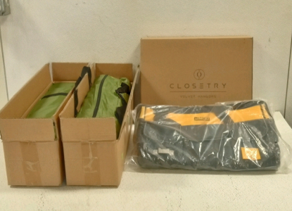 Box of Misc Items! Including: Tool Bag, Box of Velvet Hangers, & More!