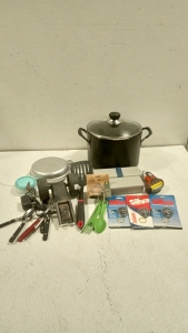 (1) Cooking Pot, (3) Compasses, and Assorted Kitchen Utensils