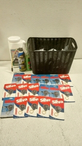 (17) Brand New Compasses, (3) Cans of Tire Repair Glue, (1) Bin of Bike Parts