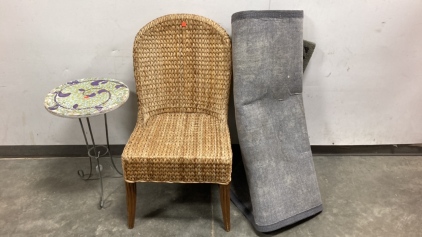 Mosiac Table, Wicket Chair & Rug