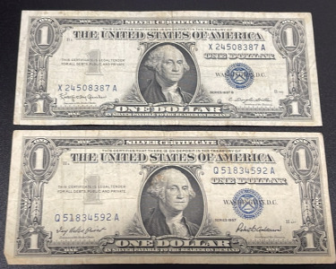 1957 $1 U.S. Silver Certificate, Blue Seal, Serial X24508387A, Q51834592A