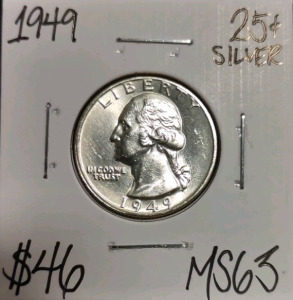 1949 MS63 Mint State Silver Washington Quarter
