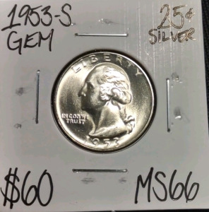 1953-S MS66 Gem Silver Washington Quarter