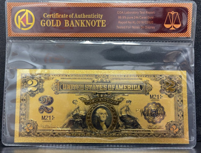 $2 Silver Certificate Design 24k Gold Flake Banknote, Serial M21, COA Included