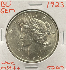 1923 Peace Dollar Coin, United States, 90% Silver, BU GEM