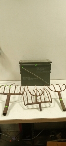 (4) Vintage Pitchfork Heads and (1) Medium Ammo Box