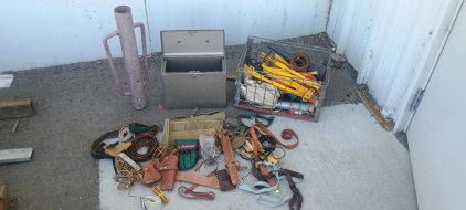 (1) Tool Belts & Safety Equipment Lot - Leather Belts Crate of Straps & Storage Box
