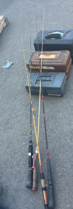 (3) Fishing tackle Box (1) Skyline 100% Graphite Fishing Pole (1) South Bend Fishing Pole (1) Darwa Fishing Pole (1) Lebco Sport Fisher Fishing Pole