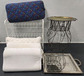 Wire Storage Rack, Outdoor Metal Plant Holder w/ Tray, Silver Plated Serving Tray, & Assorted Back-Support Pillows