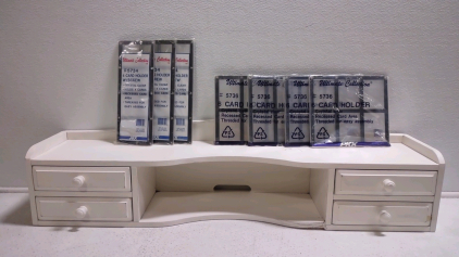 A White Vanity Shelf Topper w/ (7) Assorted Sized Sport Cards Holders