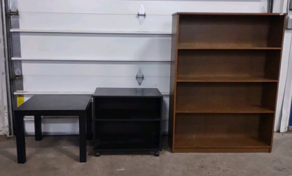 (1) 3'x 10"x 4' (Brown) Bookshelf, (1) 23&frac12;"x 16&frac12;"x 21" (Black) Rolling Storage Shelf, (1) 22"x 22"x 18" (Black) Small Coffee Table