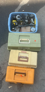 (1) Box Of Fishing Reels (3) Fishing Tackle Boxes