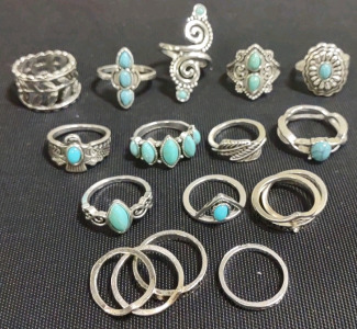 (14) Assorted Sized Women's Silver Toned Turquoise Rings