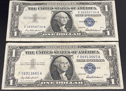 (2) 1957 U.S. Silver Certificates, $1 Denomination, Serial V36958730A & F06913665A
