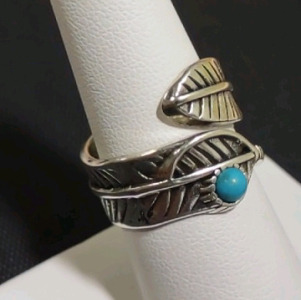 Women's Turquoise Silver Toned Feather Ring