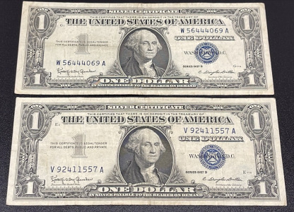 (2) 1957 B U.S. Silver Certificate One Dollar Bills, Serial Numbers V92411557A & W56444069A