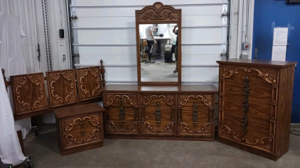 Whole Bedroom Furniture Set "The Carved Elegance Collection"- Includes 66"x 18&frac12;"x 79&frac12;" Dresser w/ Vanity Mirror, 34"x 18"x 47" Dresser Chest, 24"x 15"x 22" Nightstand, & Queen Size Headboard