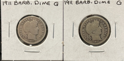1911 Barber Dime, 90% Silver, No Mint Mark