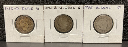 1910-D, 1898, 1905 Barber Dimes, U.S. Mint, 90% Silver