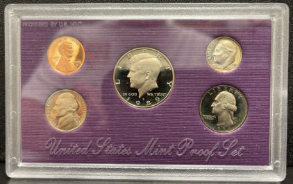 1989 United States Mint Proof Set, Half Dollar, Quarter, Dime, Nickel, Penny
