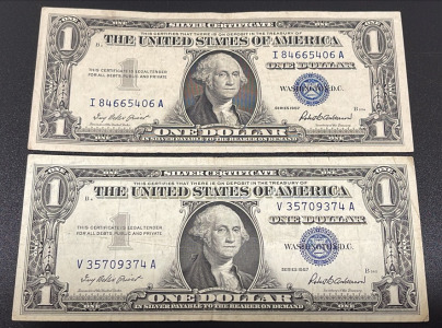 (2) 1957 United States One Dollar Silver Certificate, Serial I84665406A, V35709374A