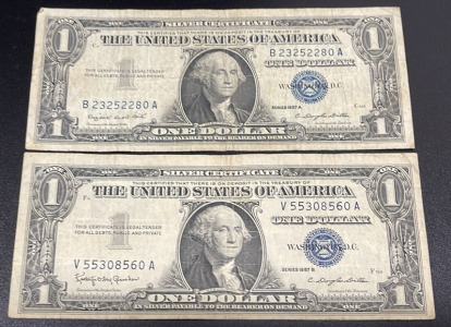U.S. Silver Certificate One Dollar Bills, Series 1957, Serial Numbers V55308560A & B23252280A